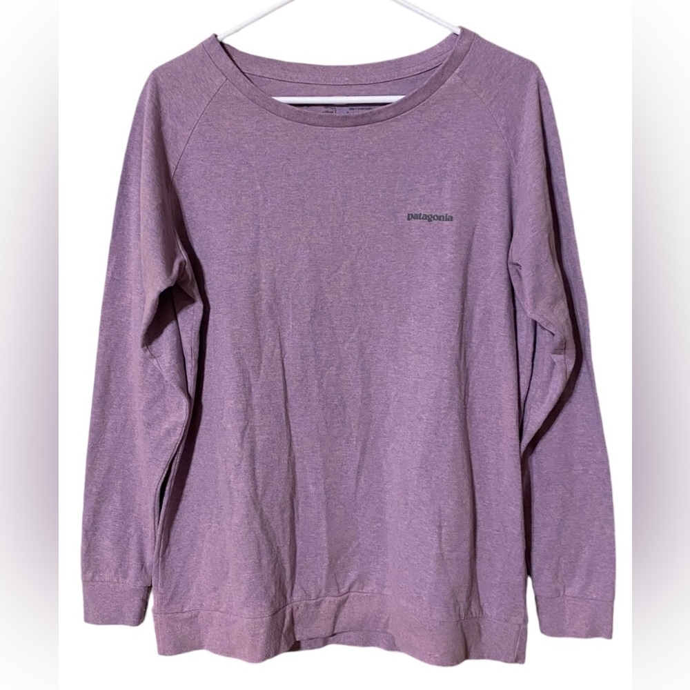 Patagonia Responsibili-Tee Shirt Mountain Logo Spell Out Long Sleeve Purple Y2K